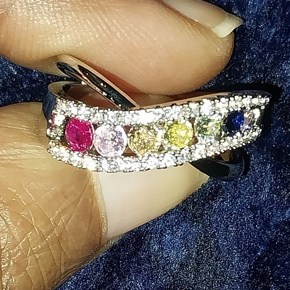 Elegant Multicolor Gemstone Silvery Ring Sz 7
